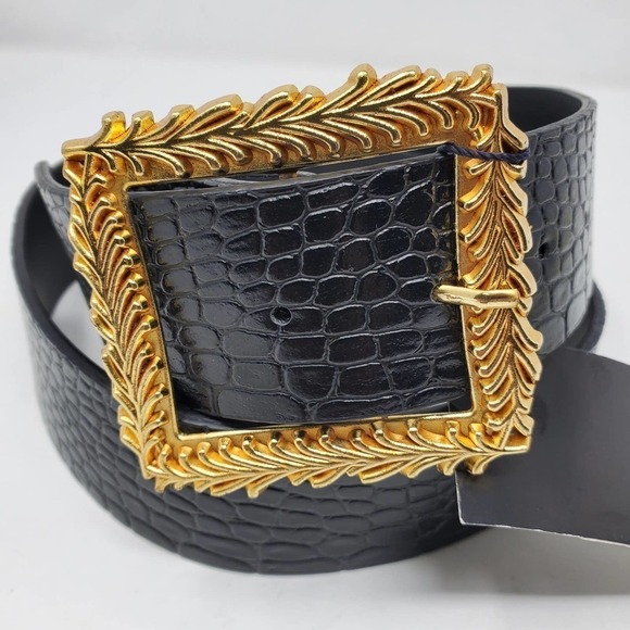 Nasty Gal Croc Black Faux Leather Belt New With Tags Gold Tone Buckle - Picture 2 of 7